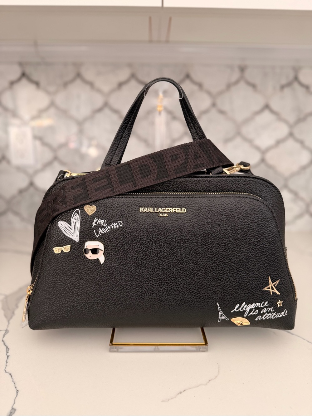 Karl Lagerfeld Paris Black Satchel with Graphic Accents